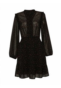 Vestido negro de tela transparente, con mangas largas, cuello alto, cintura ceñida y un patrón floral en rojo y rosa.