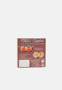 Magic Nipples Silikonüberzüge mit Vakuumdichtung, die Vorher-Nachher-Anwendung, Anwendungshinweise und Produktmerkmale auf der Verpackung zeigen.