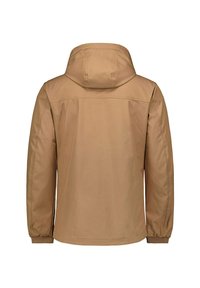 Bruine hoodie met een gladde textuur, elastische manchetten en een rechte snit. De achterkant heeft geen zichtbare logo's of versieringen.
