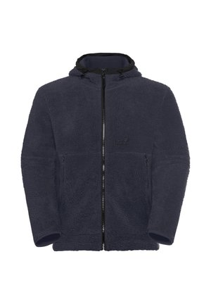Veste en polaire bleu marine foncé avec une surface texturée, fermeture éclair intégrale et capuche réglable. Comprend des poches zippées et des poignets élastiqués.