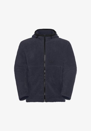 Dark navy fleece jacket with a textured surface, full zip, and adjustable hood. Features zip pockets and elasticated cuffs.