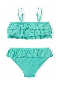 Completo bikini turchese con design a strati di ruches; il top presenta spalline regolabili e aperture a occhiello; il fondo ha un dettagli simile di ruches.