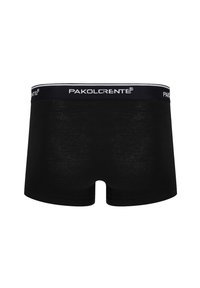 Czarne bokserki o dopasowanym kroju, wykonane z miękkiego materiału, z kontrastującym paskiem w bieli z napisem "PAKOLCRENTE".