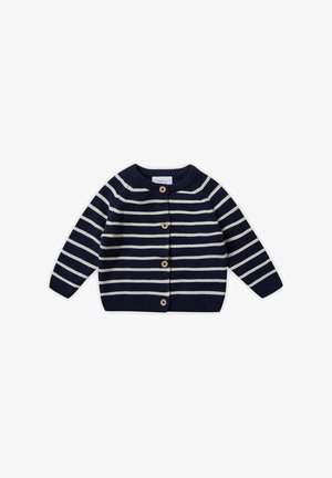 Gestreifter Cardigan in Marineblau und Creme aus Strickstoff, mit rundem Halsausschnitt, langen Ärmeln und Holzknöpfen.