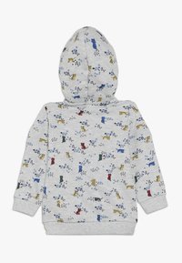 Felpa grigia con cappuccio, caratterizzata da una stampa colorata di animali e montagne. Realizzata in morbido tessuto testurizzato con polsini e orlo a costine.