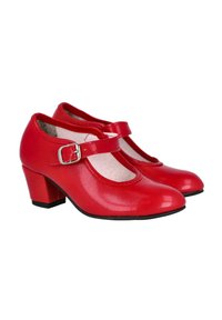 Zapatos Mary Jane de cuero rojo con punta redondeada, correa ajustable con hebilla y tacón bajo cuadrado. Textura suave y acabado brillante.