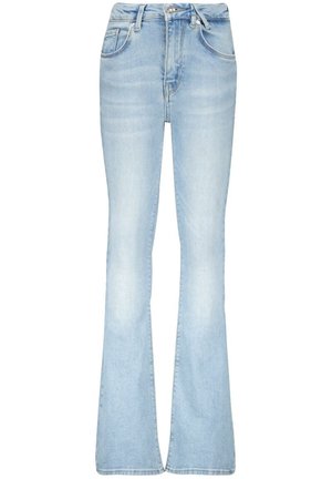 Jean en denim bleu clair taille haute avec jambe évasée, fermeture à boutons et fermeture éclair à l'avant, et poches avant et arrière.