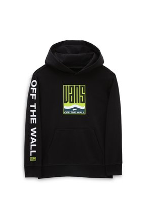 Sudadera negra con bolsillo frontal, que presenta un logo de Vans en verde y blanco y el texto "OFF THE WALL" en la manga. Textura de tejido suave.