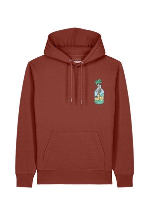 Rostfarbener Hoodie mit Fronttasche und kleinem Motiv einer Palme auf einer Insel in einer Flasche auf der linken Brust.