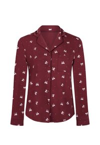 Donkerrode longsleeve met een inkepingkraag, voorzien van een wit strikjespatroon en stippen, met een borstzakje en knopen aan de voorkant.