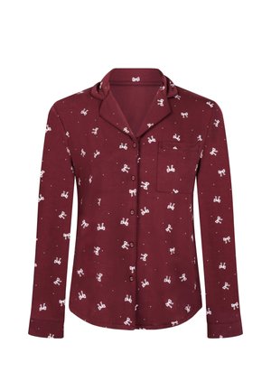 Donkerrode longsleeve met een inkepingkraag, voorzien van een wit strikjespatroon en stippen, met een borstzakje en knopen aan de voorkant.