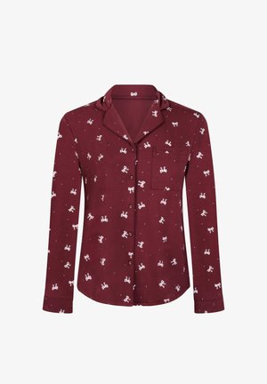 Donkerrode longsleeve met een inkepingkraag, voorzien van een wit strikjespatroon en stippen, met een borstzakje en knopen aan de voorkant.