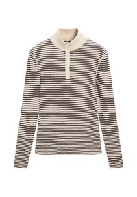 Striped long-sleeve top in cream and dark brown, featuring a high collar and half-zip front, made from soft knit material.