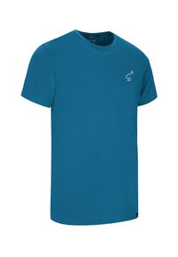 Korte mouwen T-shirt van effen teal stof, met ronde hals en een klein wit logo op de linkerkant van de borst, en een rechte zoom.