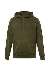 Sudadera verde oliva con capucha ajustable, bolsillos laterales y puños acanalados. Textura suave con un ligero brillo. Presenta detalles sutiles del logo.