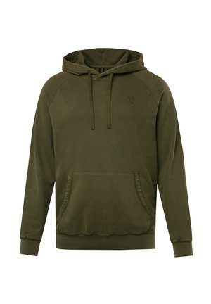 Sudadera verde oliva con capucha ajustable, bolsillos laterales y puños acanalados. Textura suave con un ligero brillo. Presenta detalles sutiles del logo.