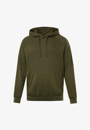 Olivově zelená mikina s kapucí na šňůrku, bočními kapsami a žebrovanými manžetami. Měkký materiál s mírným leskem. Obsahuje decentní logo.