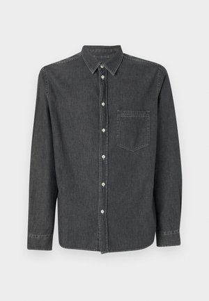 Gray denim button-up shirt with long sleeves, a pointed collar, front pocket, and white buttons. Soft texture with a slightly faded finish.