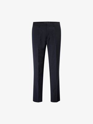 Marineblauwe broek van gladde stof, met een recht model, een schone voorkant en zonder zichtbare versieringen of zakken.