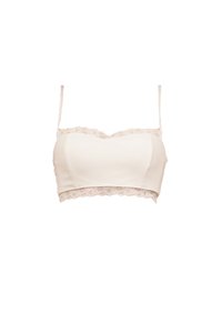 Bralette color beige chiaro con un corpo in tessuto liscio, bordo in pizzo nella parte superiore e inferiore, spalline regolabili e un design semplice e aderente.