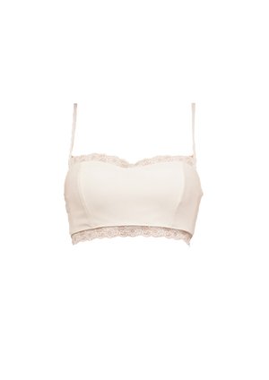 Lichtbeige bralette met een gladde stoffen body, kantafwerking aan de boven- en onderkant, verstelbare schouderbanden en een eenvoudig, aansluitend ontwerp.
