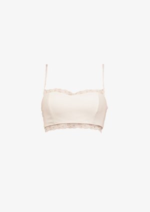 Bralette color beige claro con un cuerpo de tejido suave, con encaje en la parte superior e inferior, tirantes ajustables y un diseño simple y ceñido.