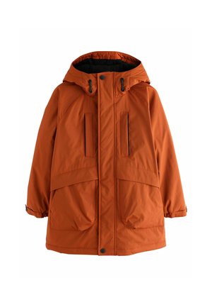 Orange isolerad parkas med huva, framdragkedja, två bröstfickor och två stora nedre fickor. Texturerat tyg med justerbara ärmmuddar.