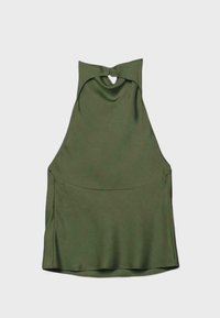 Haut sans manches vert olive avec col halter, découpe en forme de goutte sous le col et ourlet légèrement évasé.