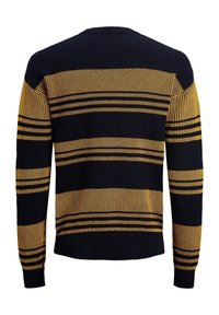 Stickad tröja med horisontella marinblå och gyllene ränder, rund halsringning och ribbade ärmslut och nederkant. Mjuk textur, avslappnad design.