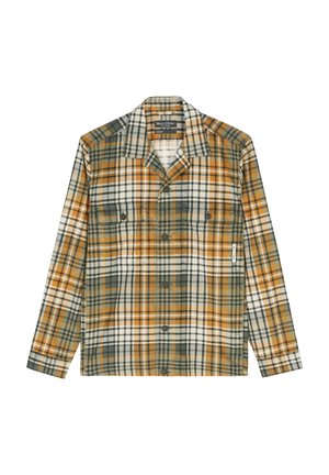 Koszula na długi rękaw z zapięciem na guziki, w zielono-pomarańczowo-beżową kratkę, z dwoma kieszeniami na piersi i kołnierzykiem.