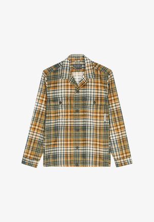 Langärmeliges Hemd mit Knopfleiste, grün-orange-beigem Karomuster, zwei Brusttaschen und einem Kragen.