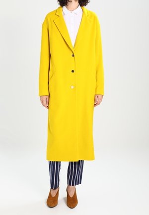 Henkilö pukeutuneena pitkään kirkkaan keltaiseen takkiin, jossa on napit, valkoinen kauluspaita, tummansiniset raidalliset housut ja ruskeat kengät valkoisella taustalla.