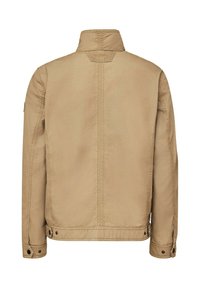 Beige cotton jacket with a stand collar, buttoned cuffs, and visible stitching details. No discernible patterns or hardware accents.