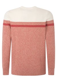 Roter und cremefarbener Strickpullover mit rundem Ausschnitt. Verfügt über einen strukturierten Körper und ein horizontales Streifendetail über den Schultern in dunklerem Rot.