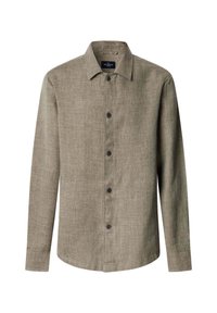 Dlhá béžová ľanová košeľa na gombíky s uštipaľným golierom a čiernymi gombíkmi, vystavená na bielom pozadí.