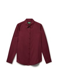 Long-sleeve maroon button-up shirt with collar, laid flat on white background, showing front side with buttons and cuffs visible.