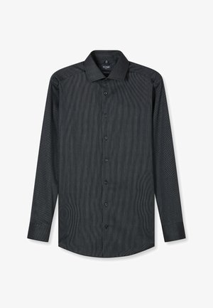 Herren Langarm-Hemd zum Knöpfen in Dunkelgrau mit dezentem Strukturmuster und klassischem Kragen.