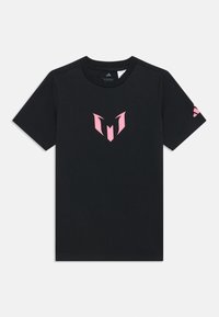 Black cotton t-shirt featuring a pink logo on the front and pink accents on the right sleeve. Round neckline and short sleeves.