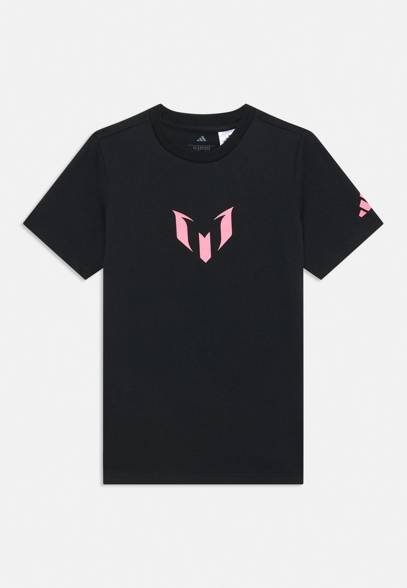 Black cotton t-shirt featuring a pink logo on the front and pink accents on the right sleeve. Round neckline and short sleeves.