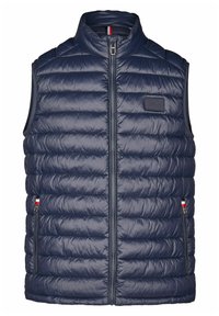 Marineblauer ärmelloser, gepolsterter Weste mit gestepptem Design, hohem Kragen, Reißverschluss vorne und seitlichen Taschen mit roten und weißen Akzenten.