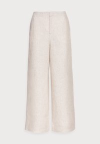 Lnianowe spodnie z szerokimi nogawkami w jasnym beżu z teksturowanym wykończeniem, z płaskim przodem i czystym wykończeniem dołu. Brak widocznych kieszeni.