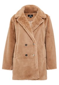 Manteau en fausse fourrure beige avec une coupe croisée, col à revers, deux poches avant et boutons décoratifs noir et argent.