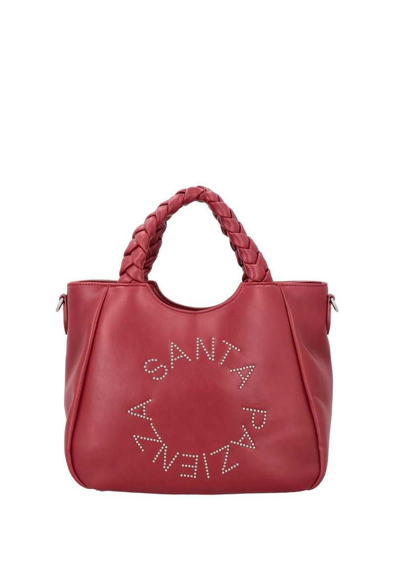Borsa a mano in pelle rossa con manico intrecciato, caratterizzata da borchie argento che formano un disegno circolare con il testo "SANTA PAZ VEZILTA" sul davanti.