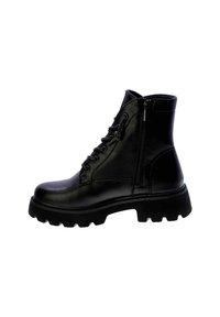 Stivali alla caviglia in pelle nera con suola spessa, lacci frontali e zip laterale. Presentano una texture liscia e una punta arrotondata.