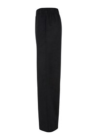 Pantalon noir à jambes droites avec taille élastique, sans poches visibles ni ornements, vu de côté.