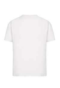 Kortærmet hvid bomulds T-shirt med rund hals, der har en ensfarvet bagside uden grafik eller mønstre. Glat tekstur, almindelig pasform.