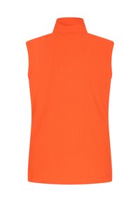 Ärmellose Weste in leuchtendem Orange, mit hohem Kragen, glatter Textur und einer taillierten Passform ohne sichtbare Verschlüsse oder Muster.