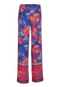 Weite Hosen mit einem blauen Grund und lebhaften roten und türkisfarbenen Blumenmustern. Der Saum hat ein kontrastierendes rotes Band mit komplizierten Designs.