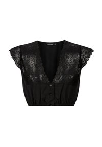 Schwarzes Cropped-Top mit Spitzen-Capärmeln und tiefem V-Ausschnitt. Verfügt über einen Knopfverschluss vorne und geraffte Taillendetails.