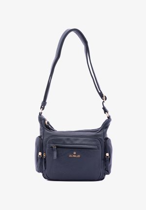 Borsa a tracolla blu navy realizzata in pelle texturizzata, con diverse tasche con zip e un accento del logo in tono oro. Spallacci doppi regolabili.